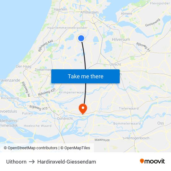 Uithoorn to Hardinxveld-Giessendam map