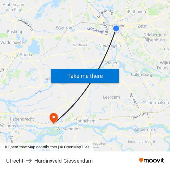 Utrecht to Hardinxveld-Giessendam map