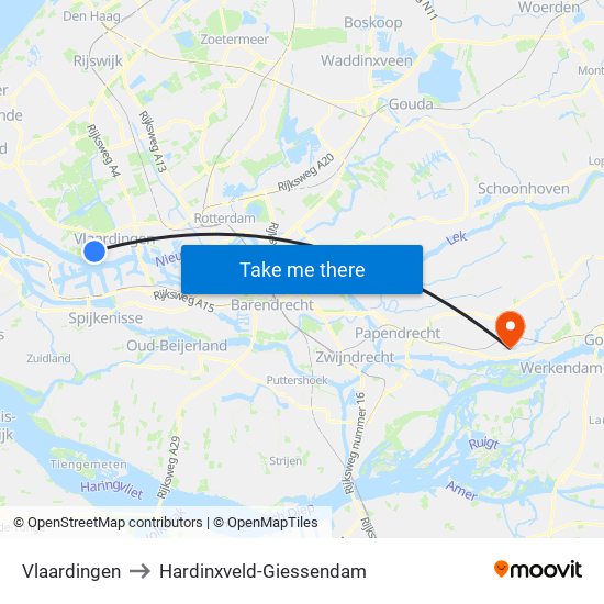 Vlaardingen to Hardinxveld-Giessendam map