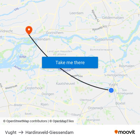 Vught to Hardinxveld-Giessendam map