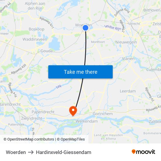 Woerden to Hardinxveld-Giessendam map