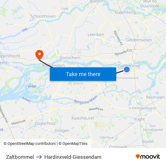 Zaltbommel to Hardinxveld-Giessendam map