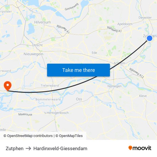 Zutphen to Hardinxveld-Giessendam map