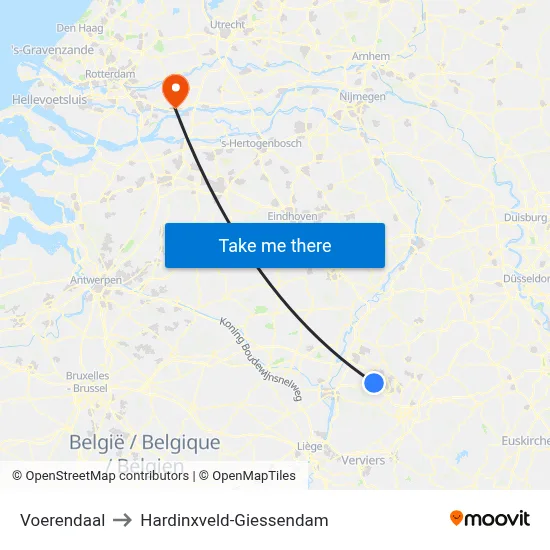 Voerendaal to Hardinxveld-Giessendam map