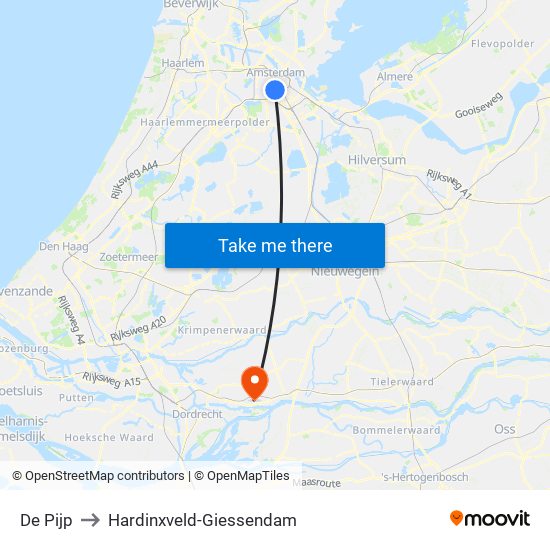 De Pijp to Hardinxveld-Giessendam map