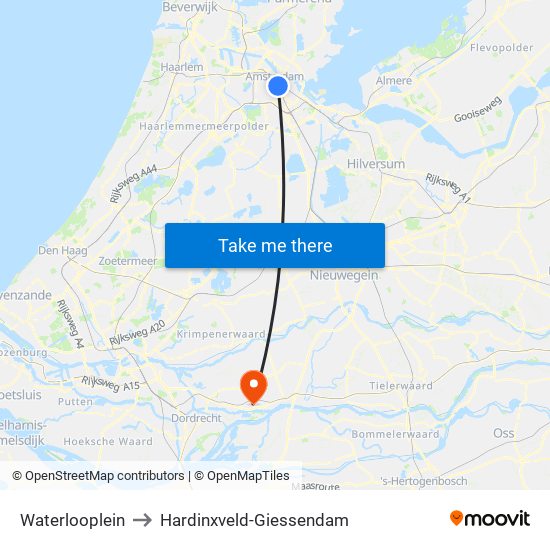 Waterlooplein to Hardinxveld-Giessendam map