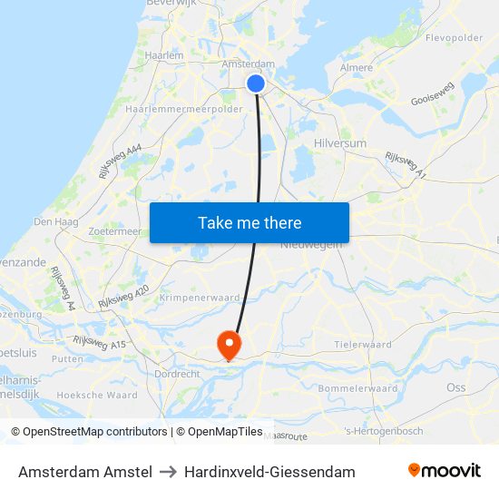 Amsterdam Amstel to Hardinxveld-Giessendam map