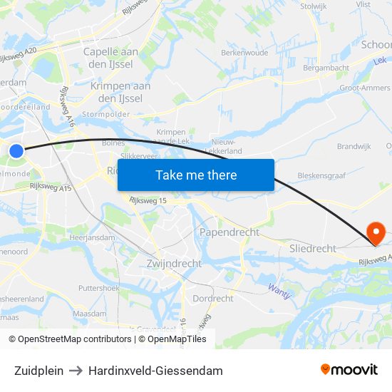 Zuidplein to Hardinxveld-Giessendam map