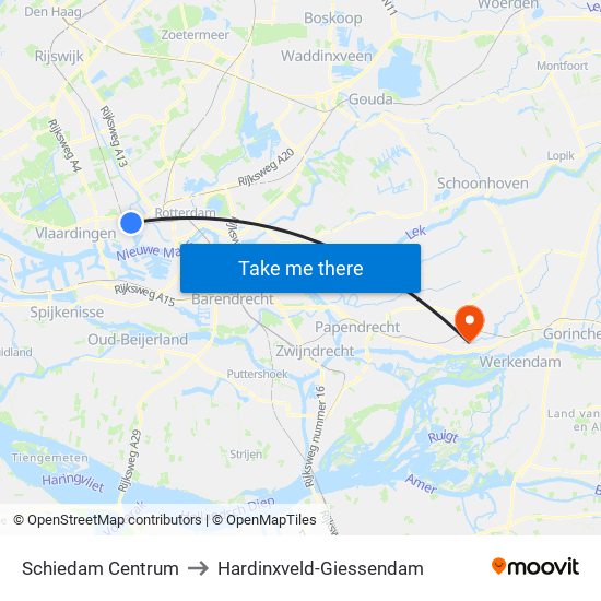 Schiedam Centrum to Hardinxveld-Giessendam map