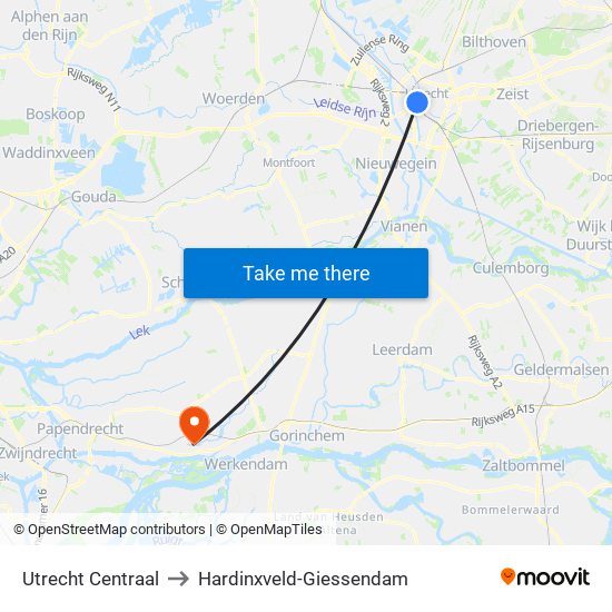 Utrecht Centraal to Hardinxveld-Giessendam map