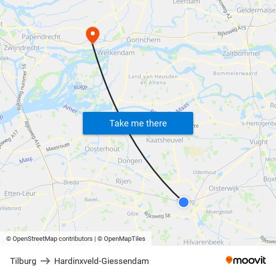 Tilburg to Hardinxveld-Giessendam map