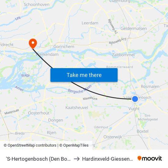 'S-Hertogenbosch (Den Bosch) to Hardinxveld-Giessendam map