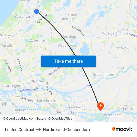 Leiden Centraal to Hardinxveld-Giessendam map