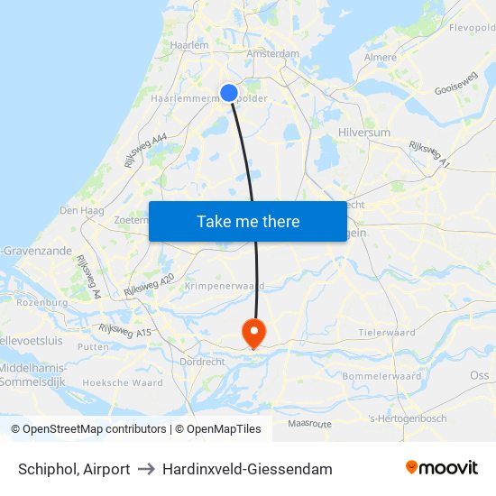 Schiphol, Airport to Hardinxveld-Giessendam map