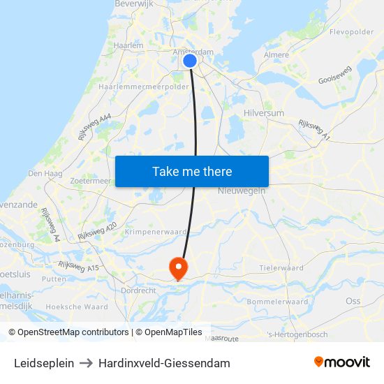 Leidseplein to Hardinxveld-Giessendam map