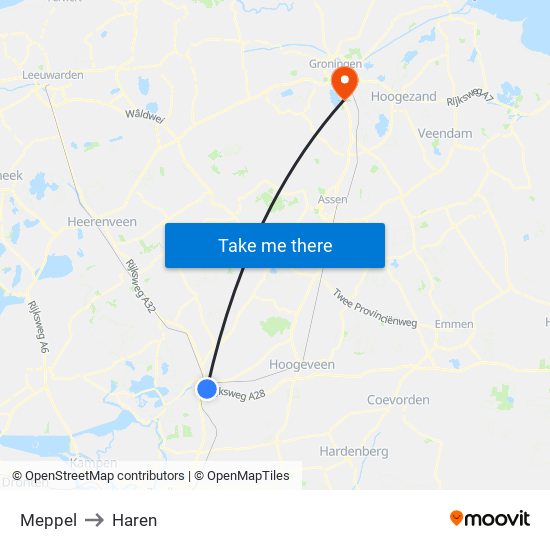 Meppel to Haren map