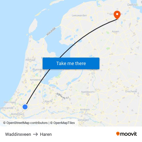 Waddinxveen to Haren map