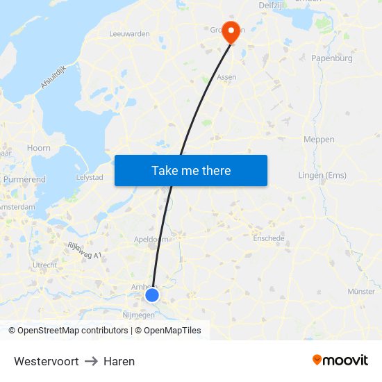 Westervoort to Haren map