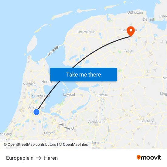 Europaplein to Haren map