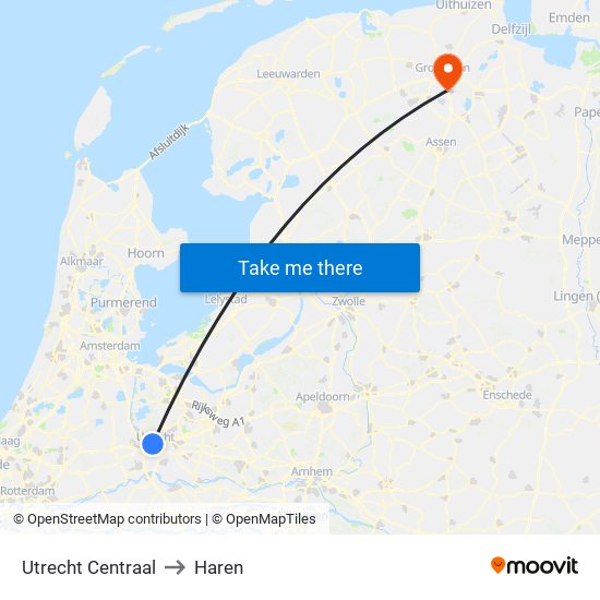 Utrecht Centraal to Haren map