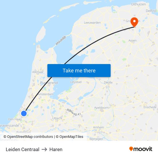 Leiden Centraal to Haren map