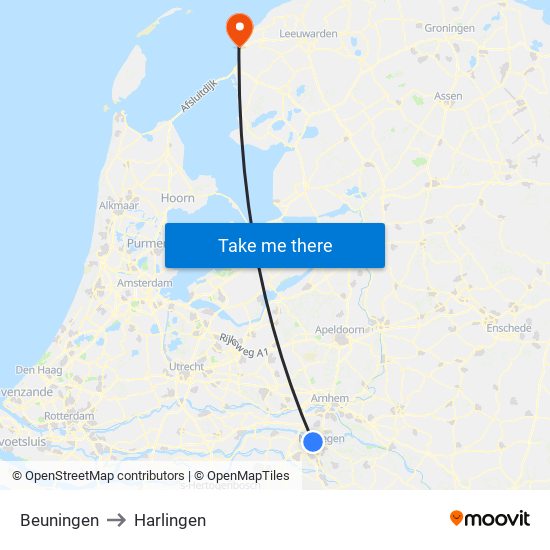 Beuningen to Harlingen map