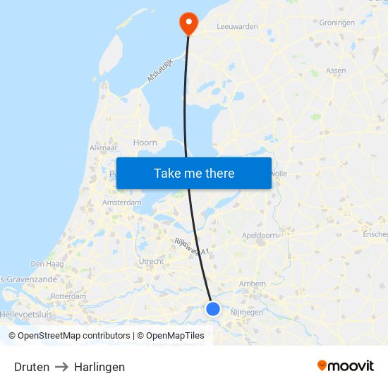 Druten to Harlingen map