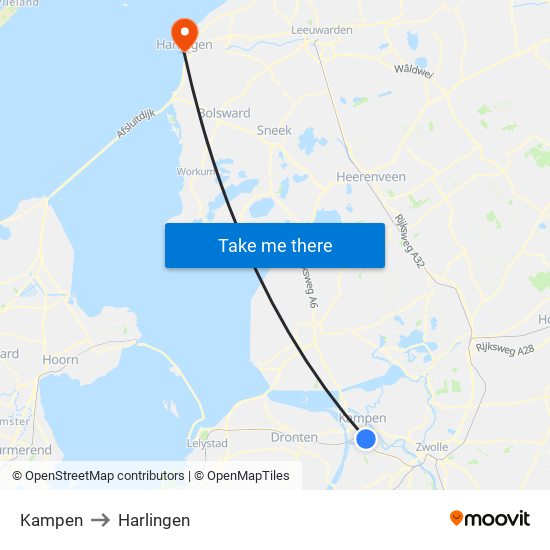 Kampen to Harlingen map