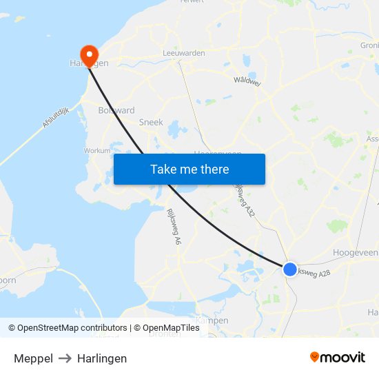 Meppel to Harlingen map