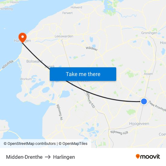 Midden-Drenthe to Harlingen map