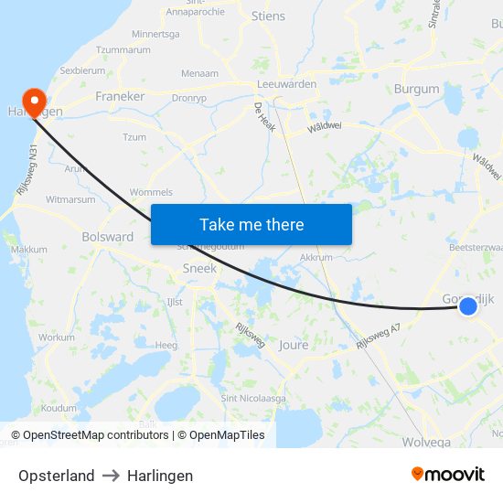 Opsterland to Harlingen map