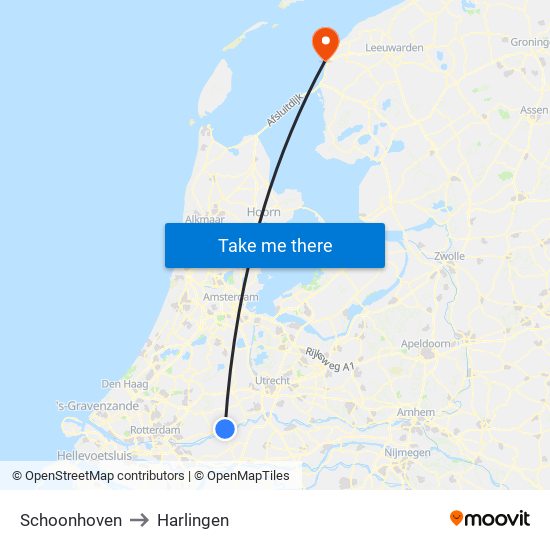 Schoonhoven to Harlingen map