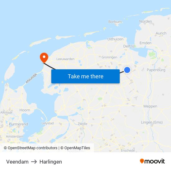 Veendam to Harlingen map