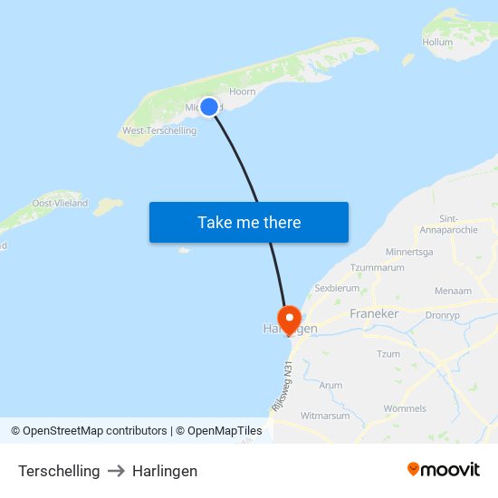 Terschelling to Harlingen map