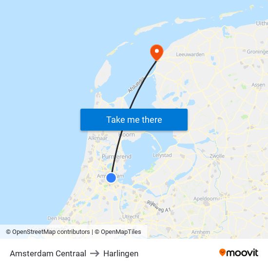 Amsterdam Centraal to Harlingen map