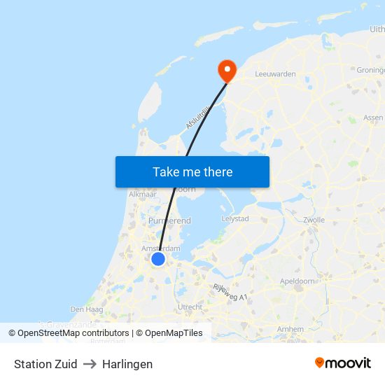 Station Zuid to Harlingen map