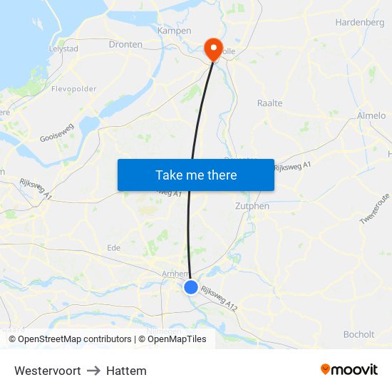 Westervoort to Hattem map