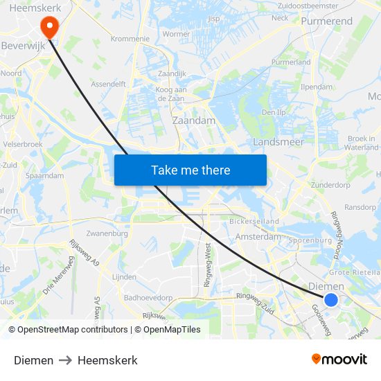 Diemen to Heemskerk map