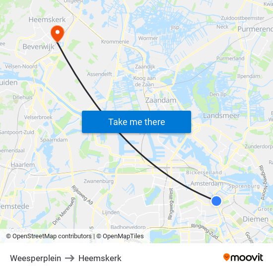 Weesperplein to Heemskerk map