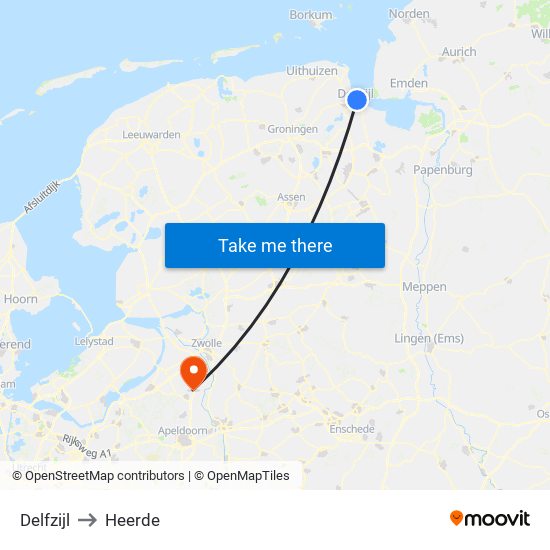 Delfzijl to Heerde map