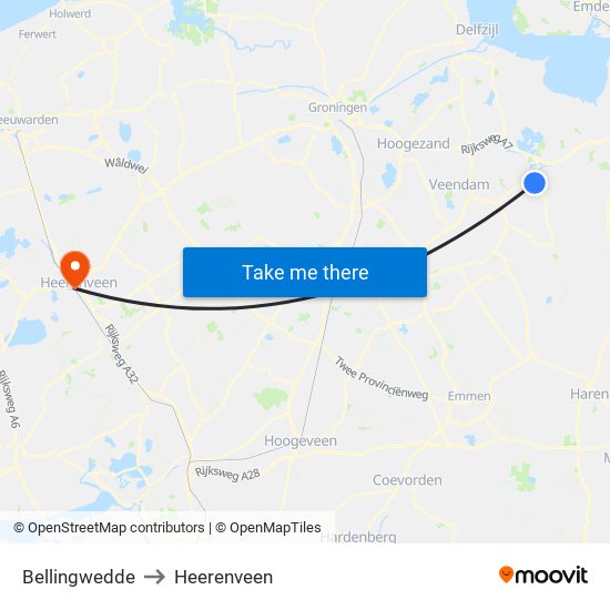 Bellingwedde to Heerenveen map