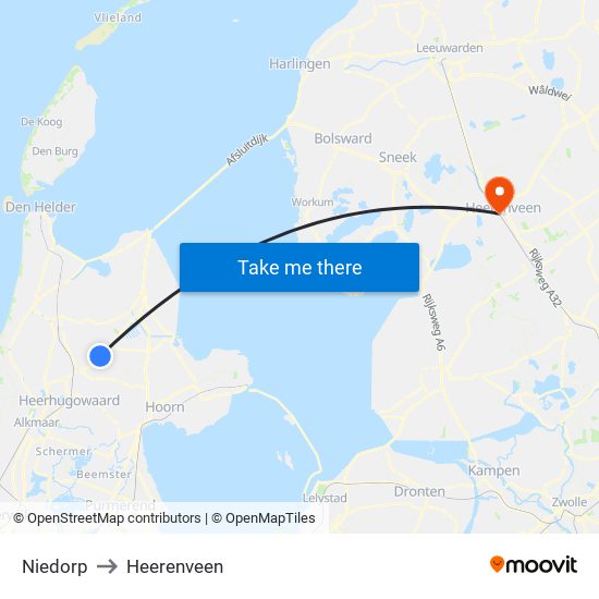 Niedorp to Heerenveen map