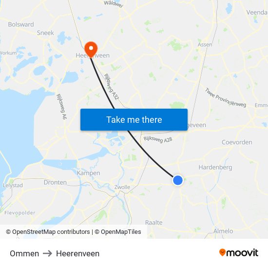 Ommen to Heerenveen map