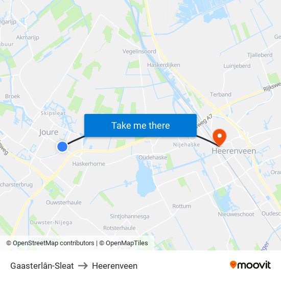 Gaasterlân-Sleat to Heerenveen map