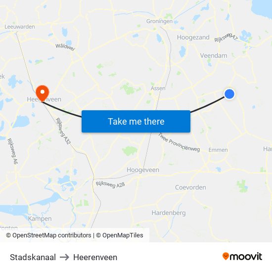 Stadskanaal to Heerenveen map