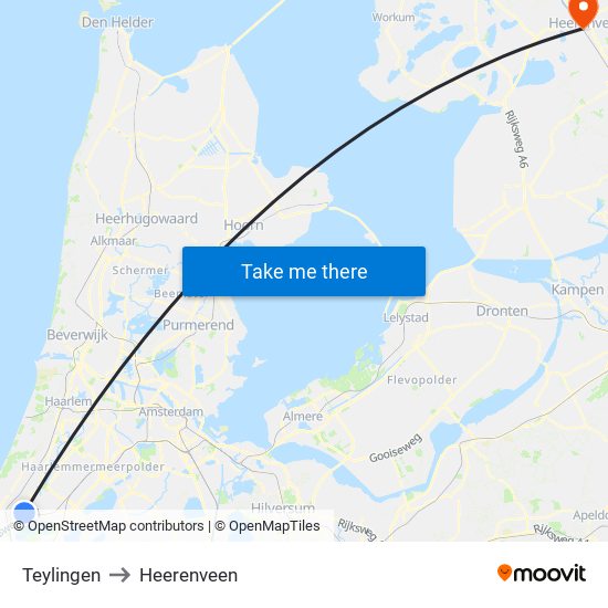 Teylingen to Heerenveen map