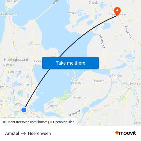 Amstel to Heerenveen map