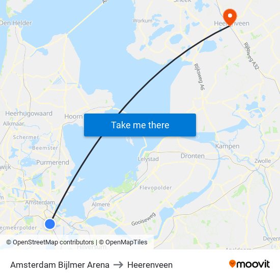 Amsterdam Bijlmer Arena to Heerenveen map