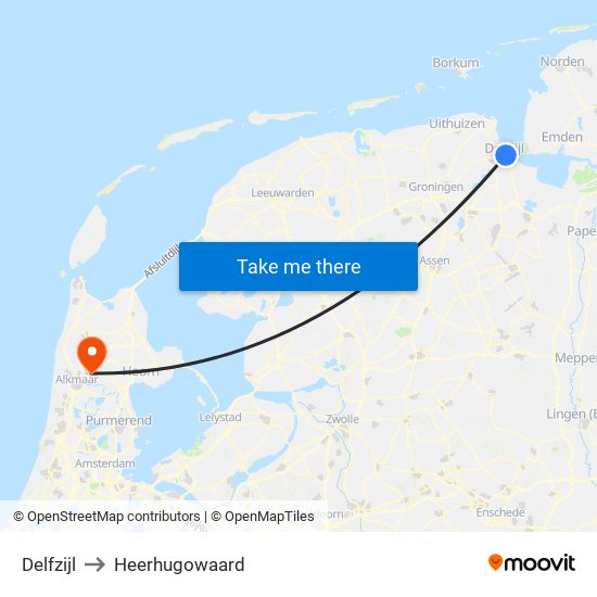 Delfzijl to Heerhugowaard map