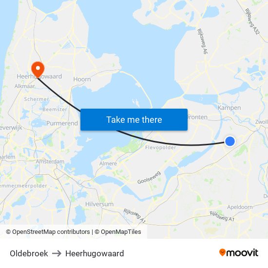 Oldebroek to Heerhugowaard map